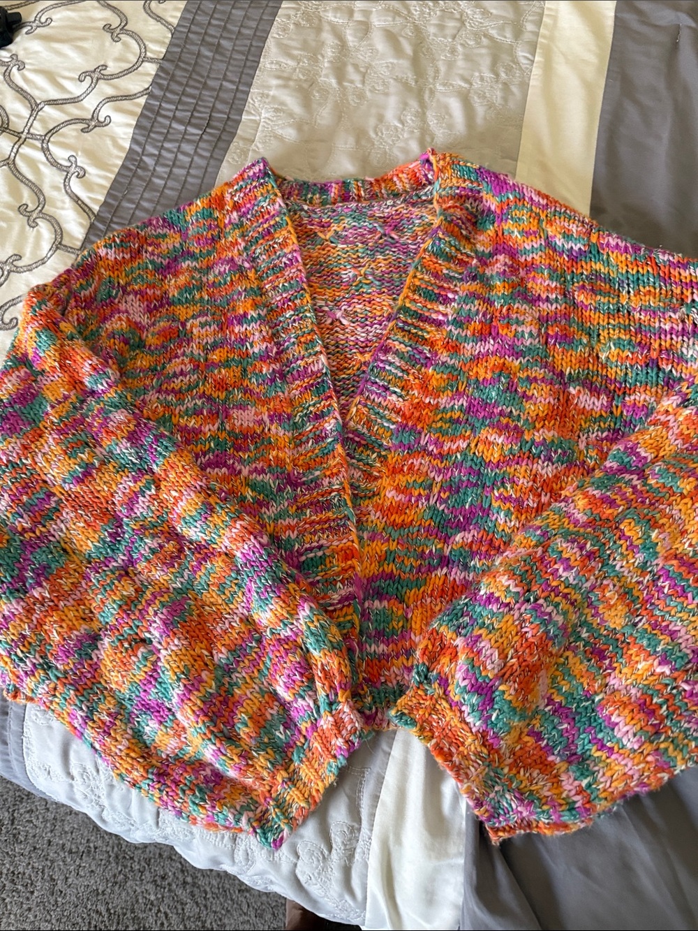 Multicolor V-Neck Knit Cardigan Sweater - Pink Orange Green